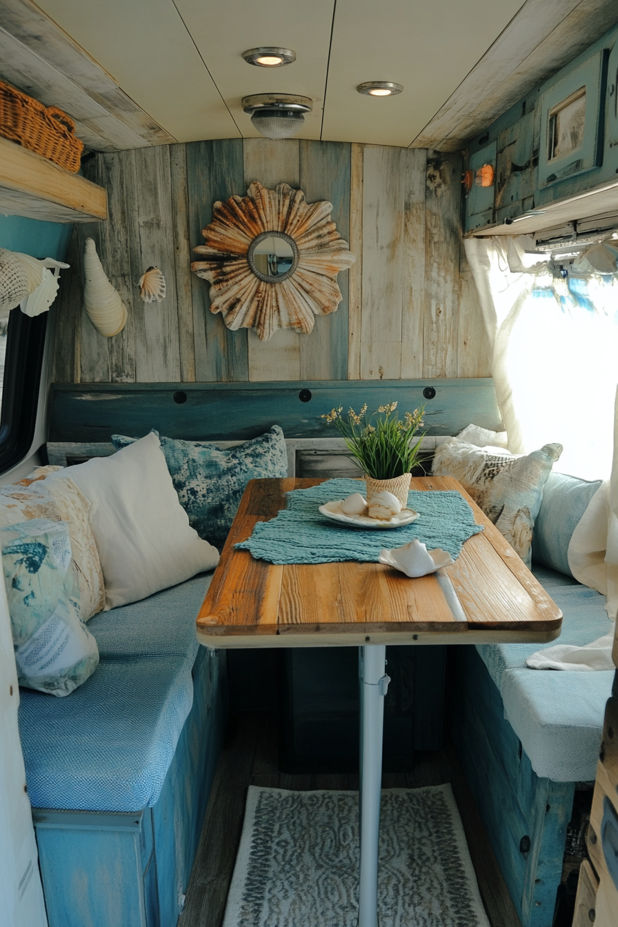 Van dining area. Fold-out table, window seat, shell accents, ocean hues.