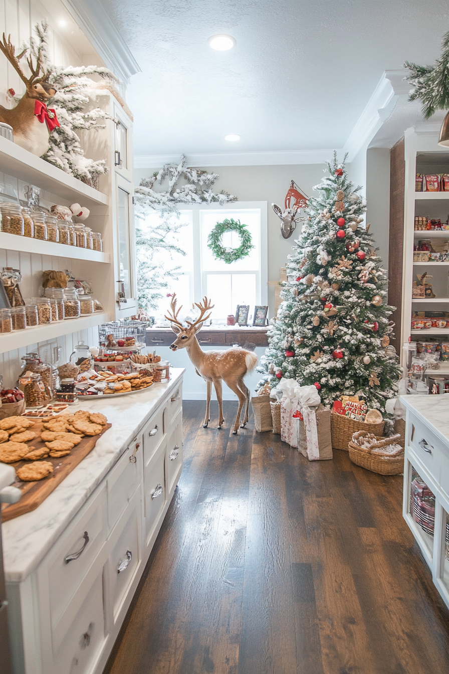 Holiday baking haven. Wide-angle view with deer frolicking amidst snowy backdrop, spice racks and cookie stations.