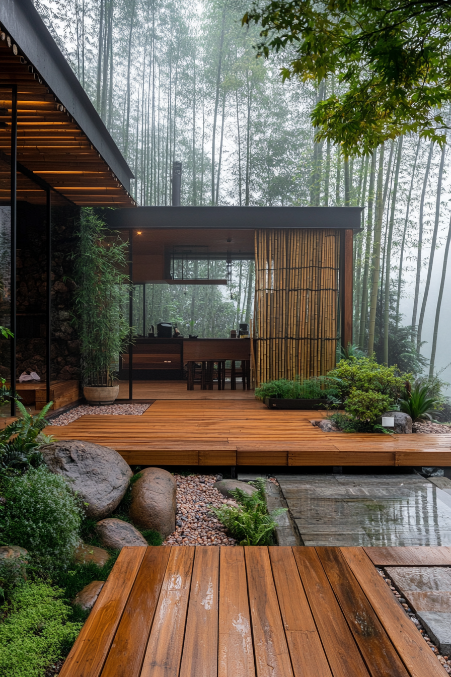 Wide angle view. Minimalist tiny house deck, bamboo screens, rock garden, misty bamboo forest.