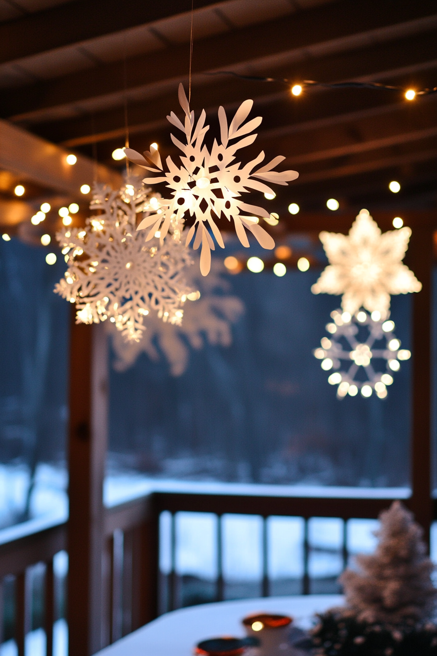 Modern Christmas decor. Wide angle view of white lights strung, paper snowflakes, overlooking frost valley.