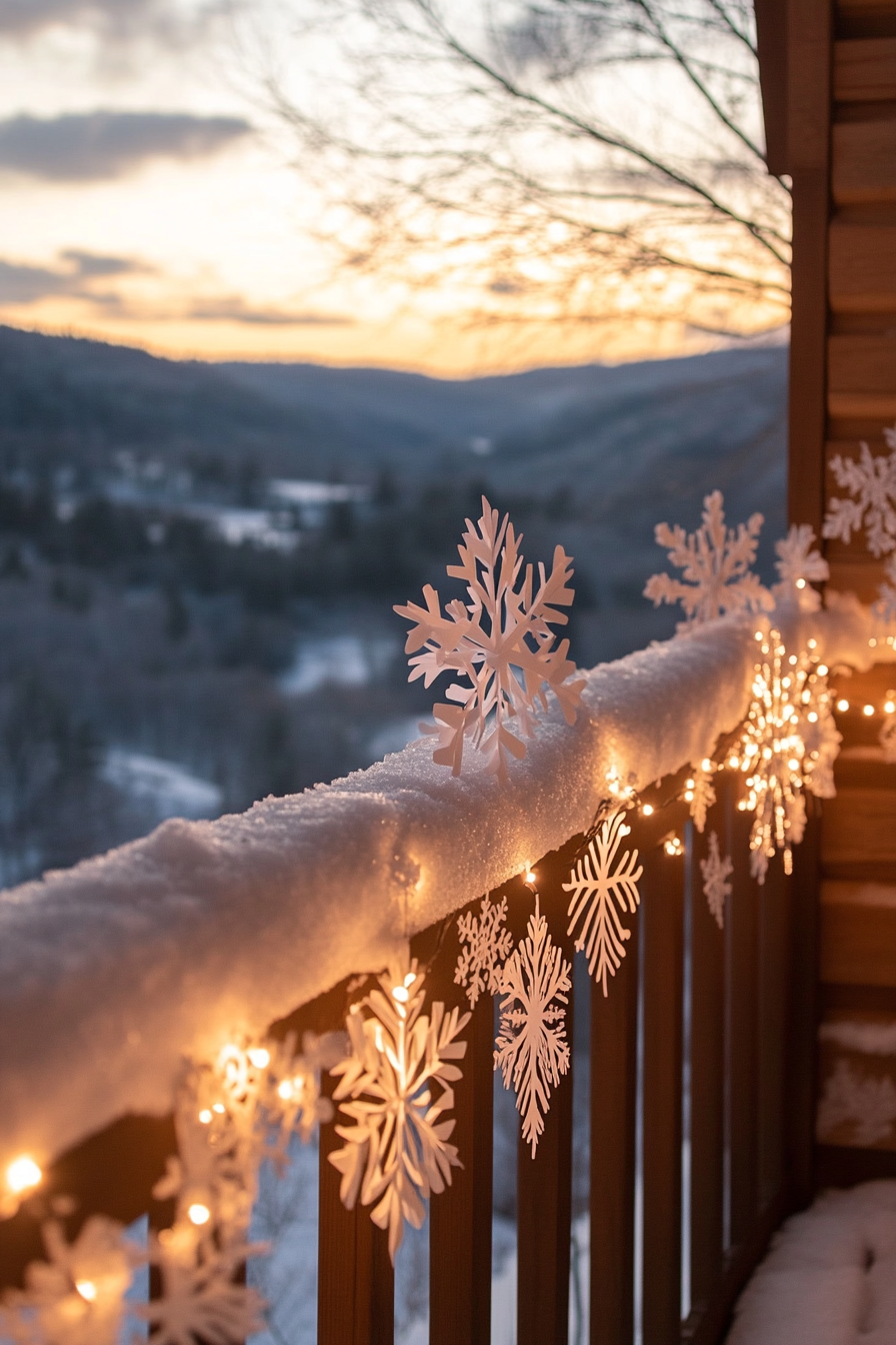 Modern Christmas décor. White lights and paper snowflakes overlooking frost-covered valley.