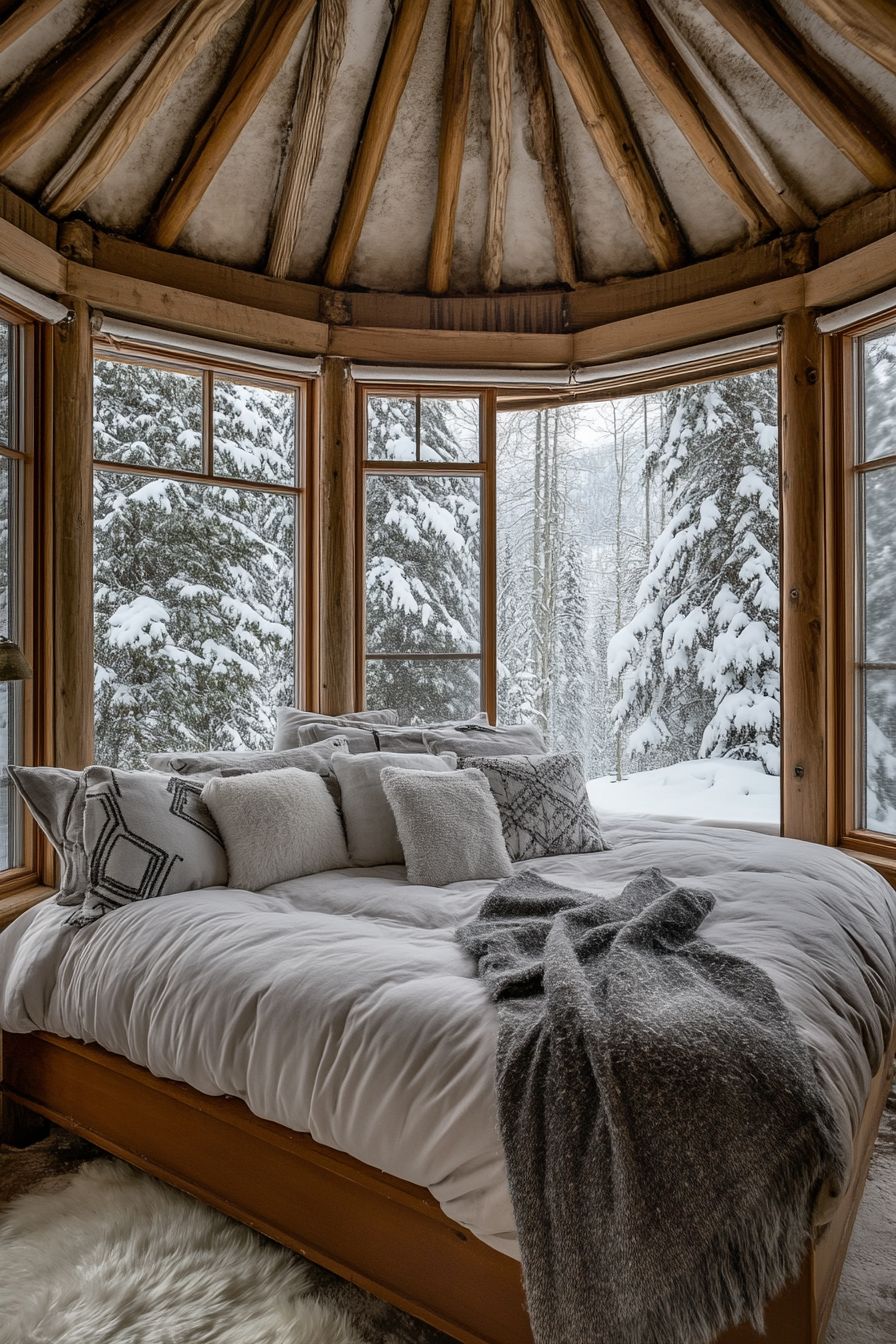 Alpine Yurt Bedroom. Panoramic windows with snowy evergreens view, rustic mahogany bed, grey fur throws.