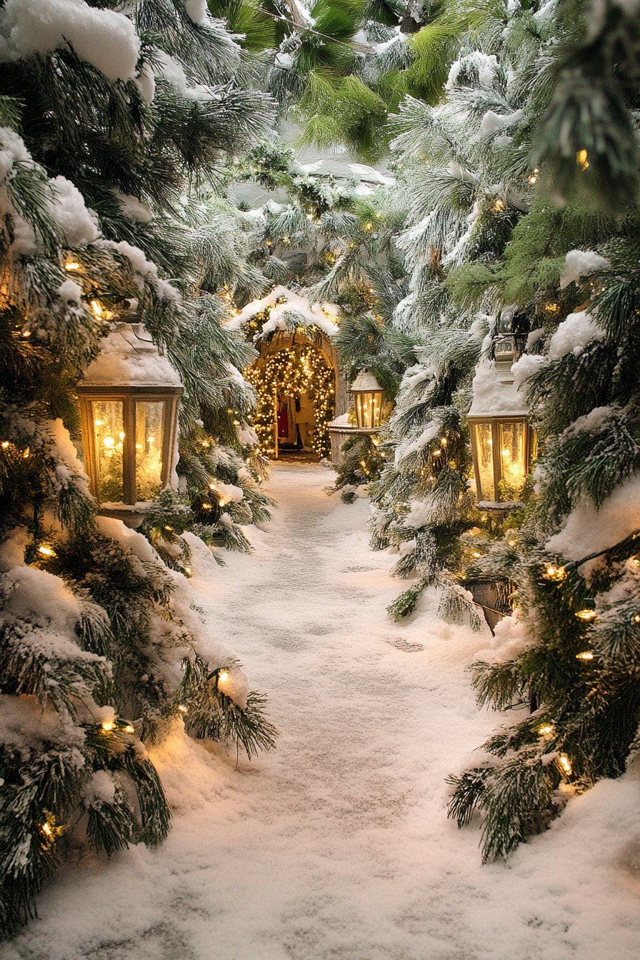 Whimsical holiday space. Snow-covered pines bordering moss-trimmed woodland decorations.