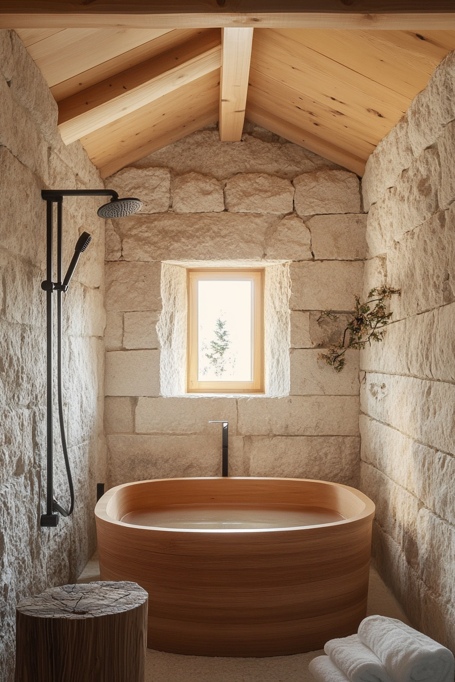 Natural tiny house bathroom. Wooden soaking tub, wide stone finished walls, and minimalist fixtures.