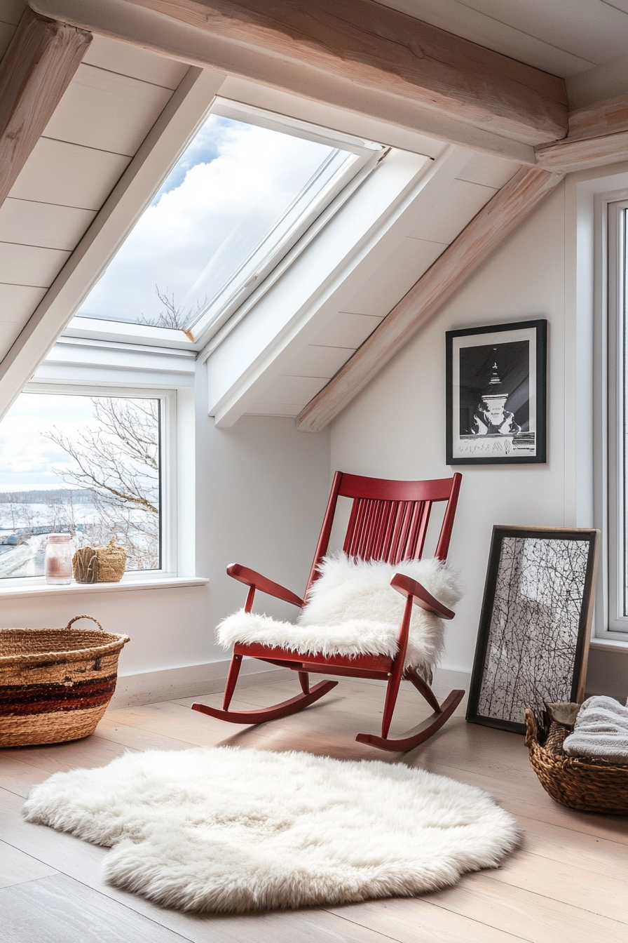 Scandinavian-inspired space. Red rocking chair, white fur rug, skylight showcasing northern lights.