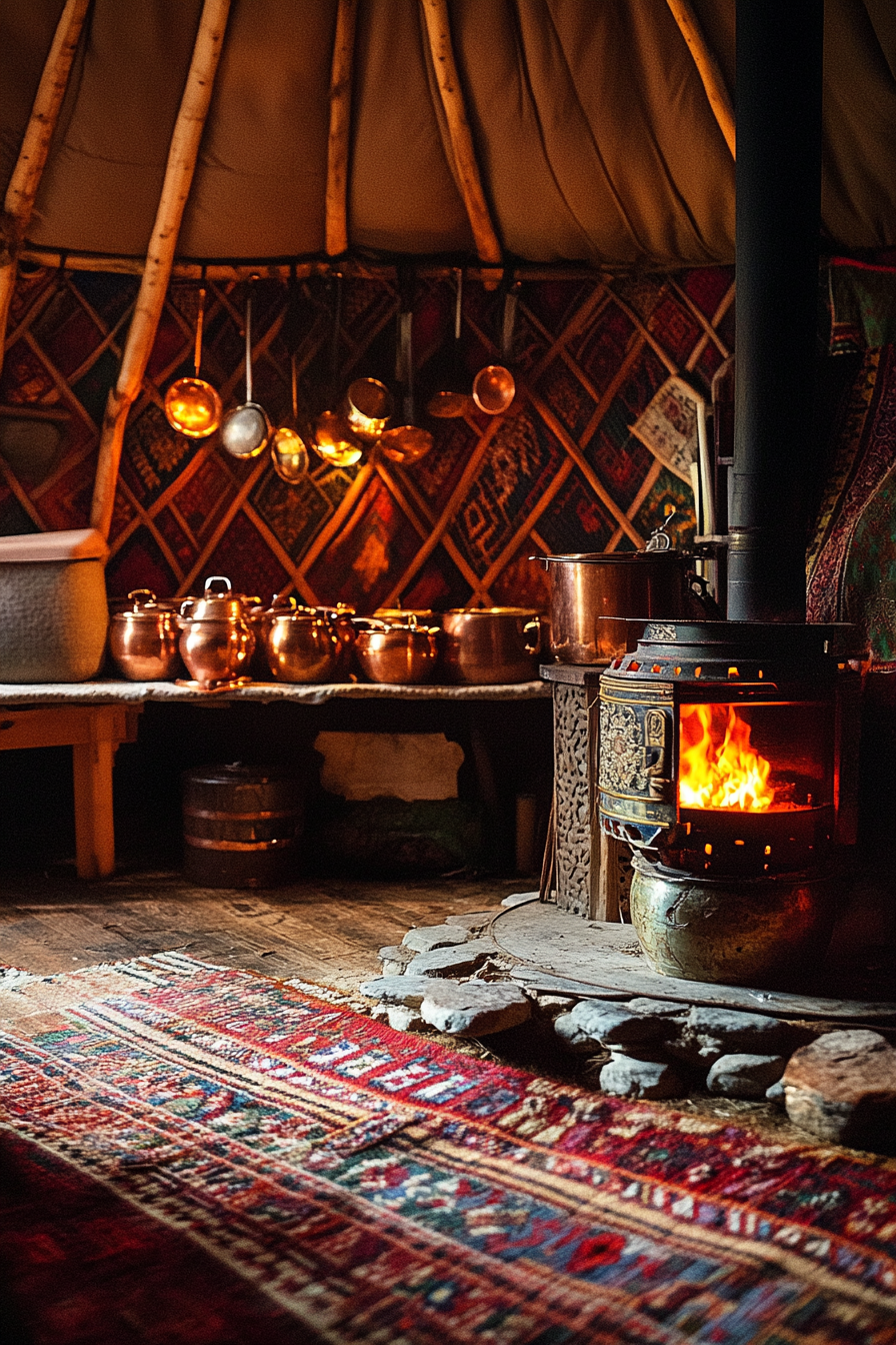 Alpine-style yurt kitchen. Wood-fired stove, mounted copper pots, wall full of glowing spices.