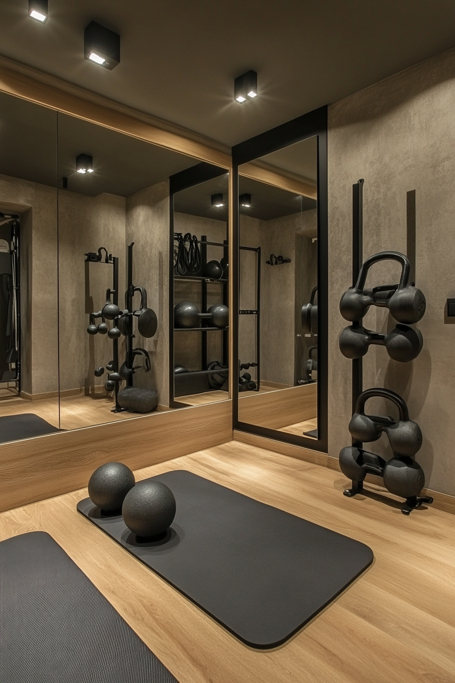 Contemporary tiny gym. Combination of kettle bells and Yoga mats by mirror wall.