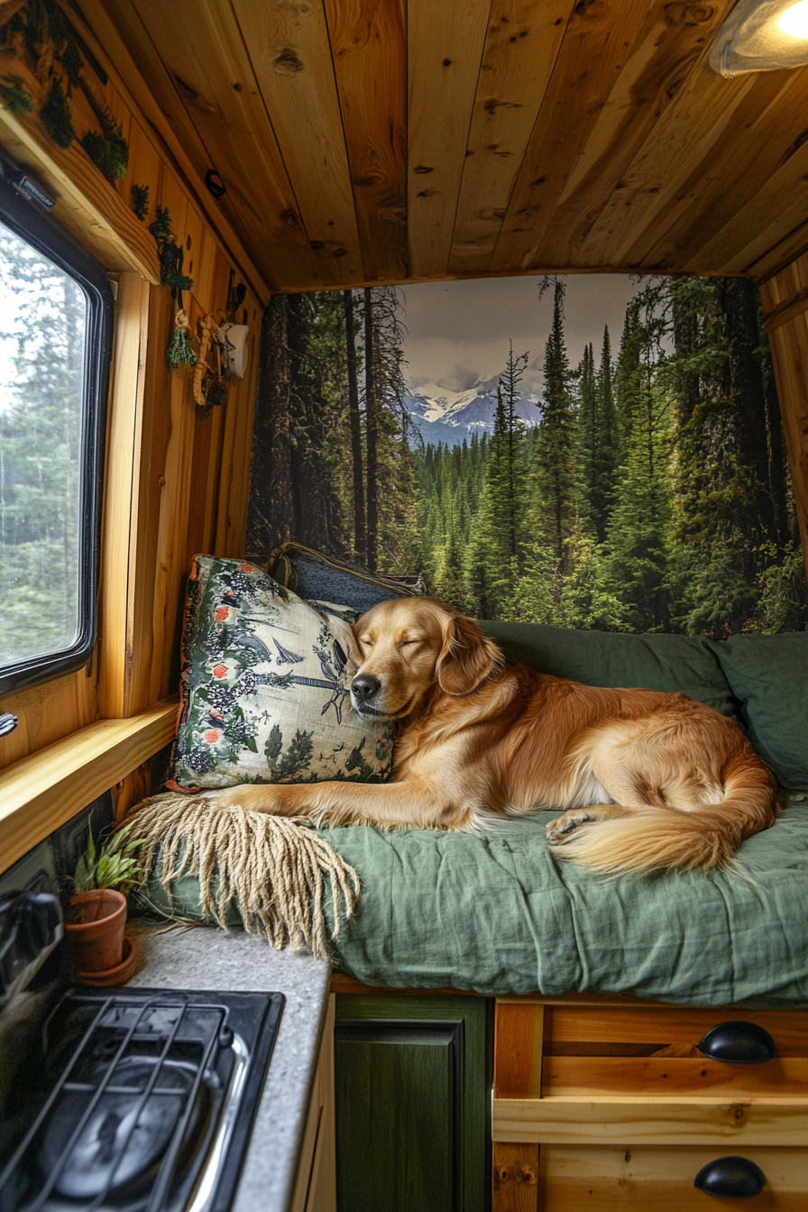 Woodland-style van lounge. Pine paneling, hemp rope handles, forest mural, curled up golden retriever.