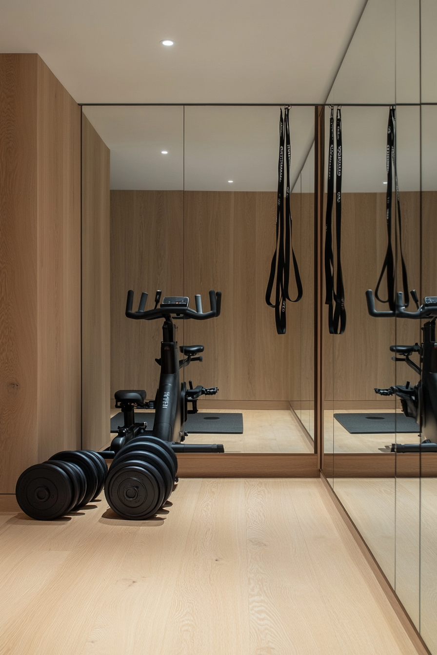 Contemporary tiny gym. Mirror wall, black resistance bands, free weight storage, denominationalist spin bike corner.