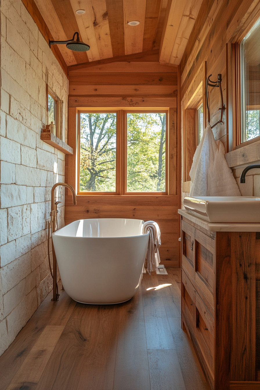 Wide angle view. Natural tiny house bathroom with cedar soaking tub and limestone elements.