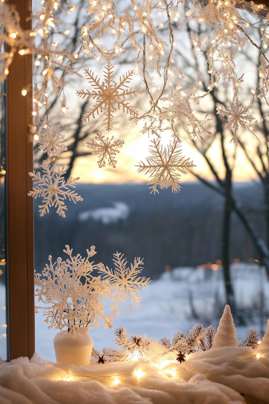 Modern Christmas décor view. White paper snowflakes, white lights, over frost-covered valley.