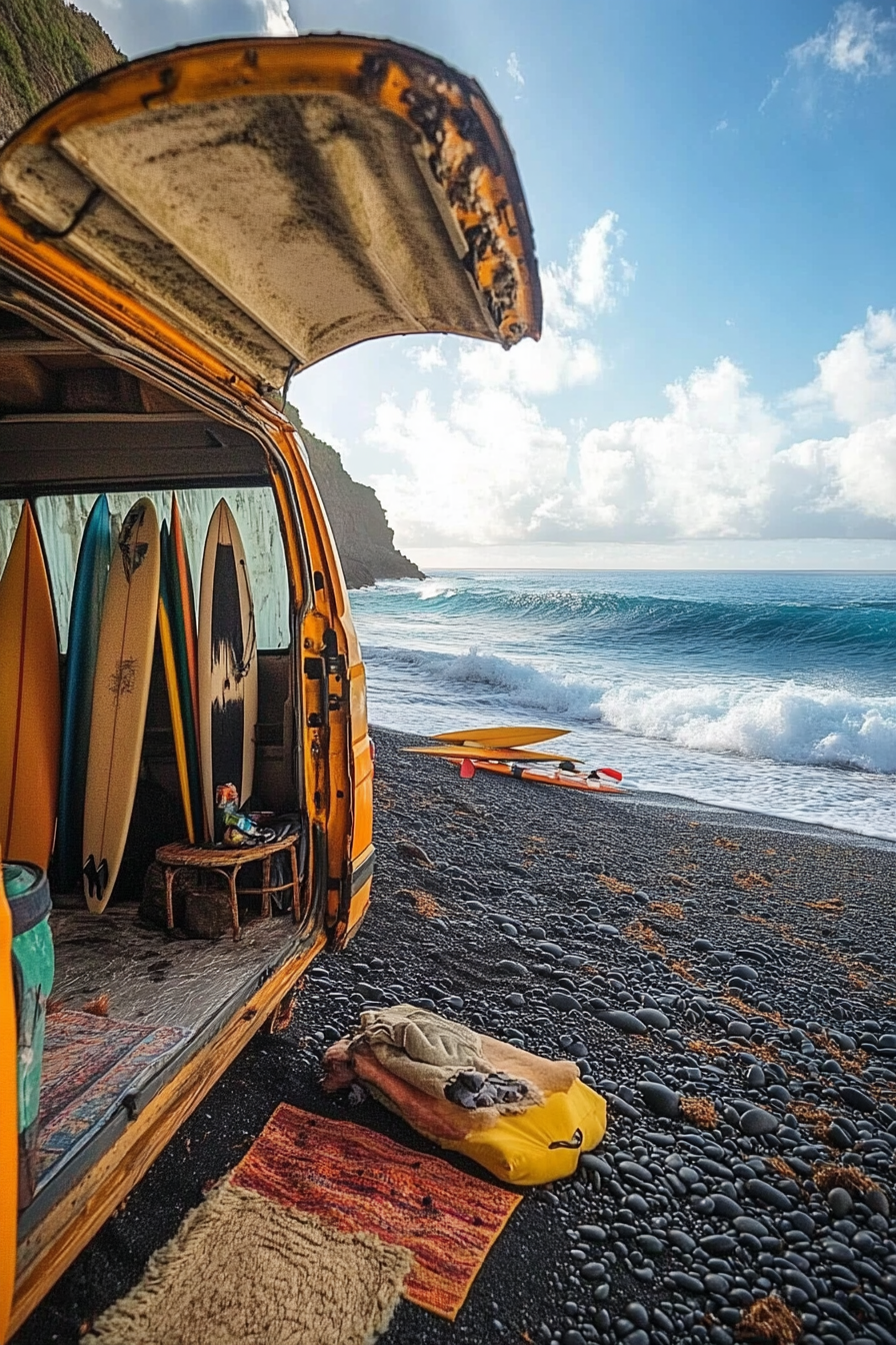 Wide angle beach setup. Black sand beach with van, surfboard racks, outdoor shower, perfect waves.