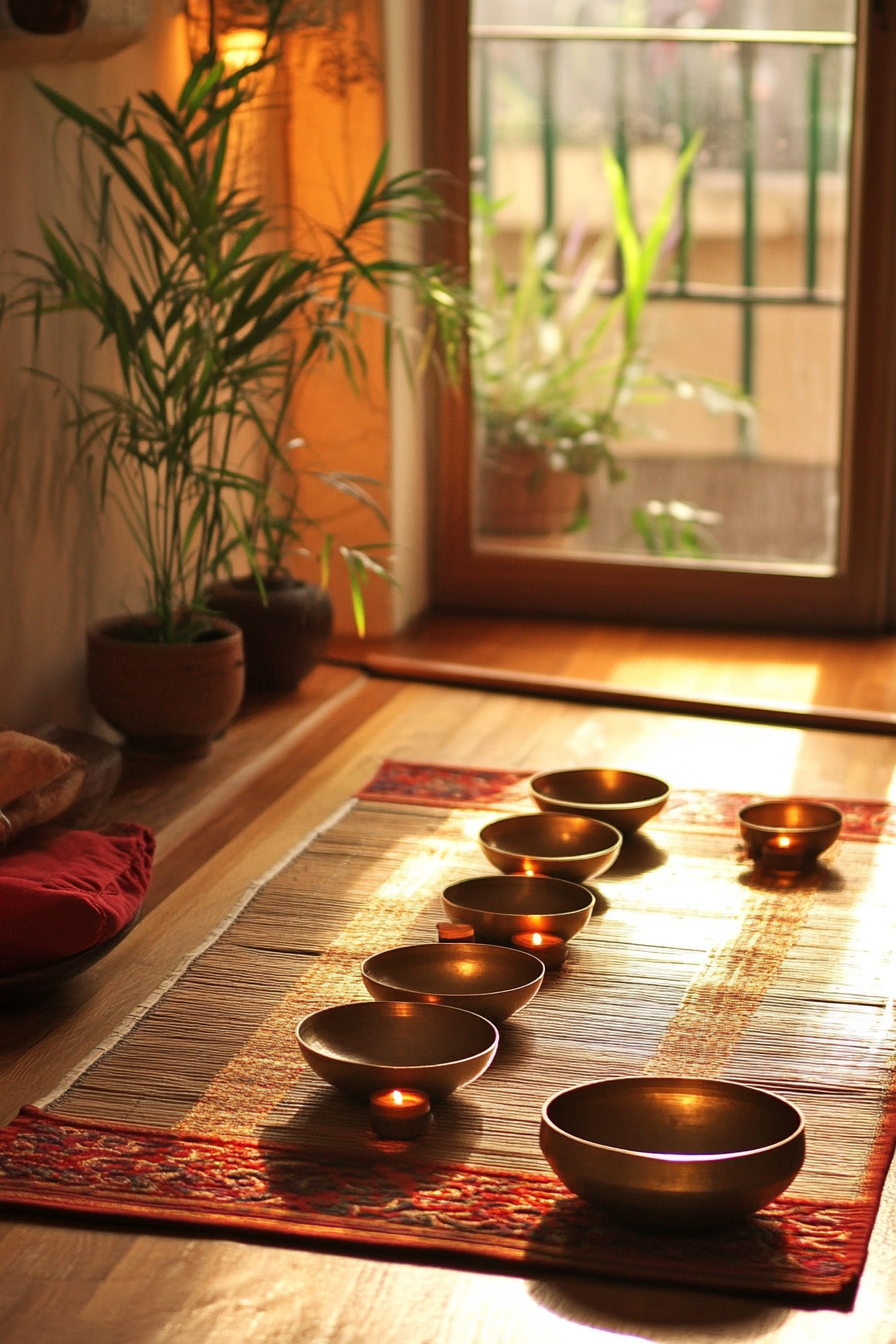 Van meditation room. Tranquil bamboo mat and vibrant, audible singing bowls.