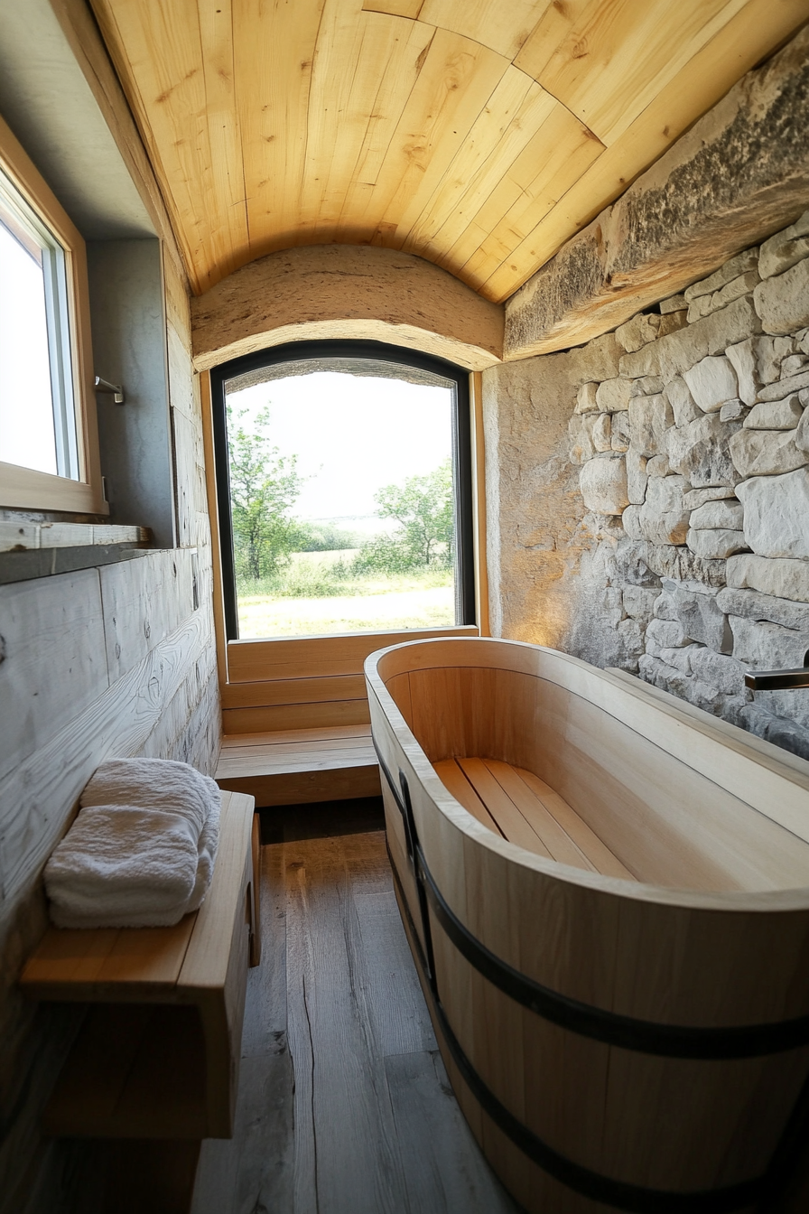 Natural tiny house bathroom. Wooden soaking tub, basalt stone wall, wide-angle view.