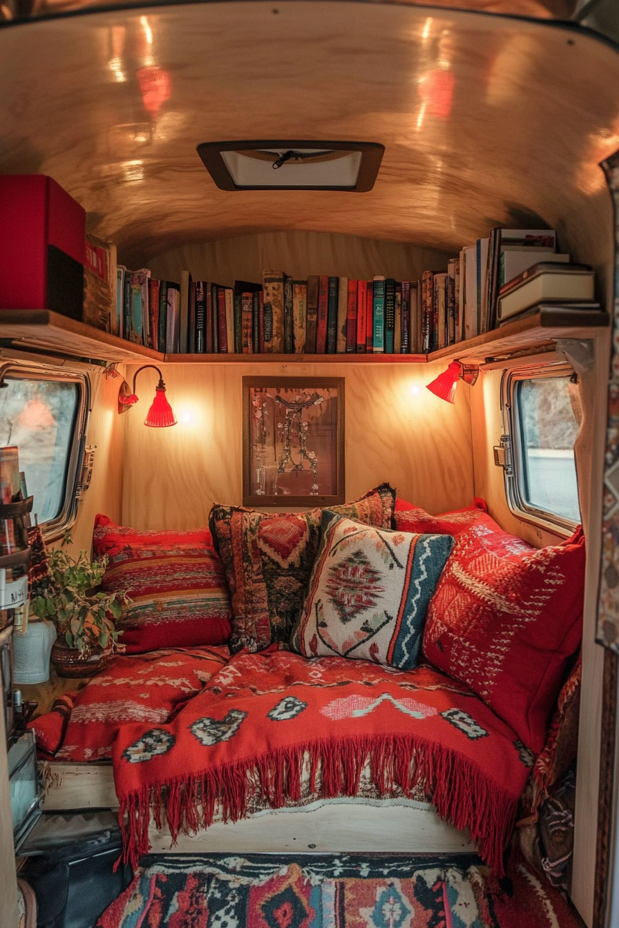 Desert-Boho Camper Reading Corner. Southwest patterned throw cushions, red book lights.