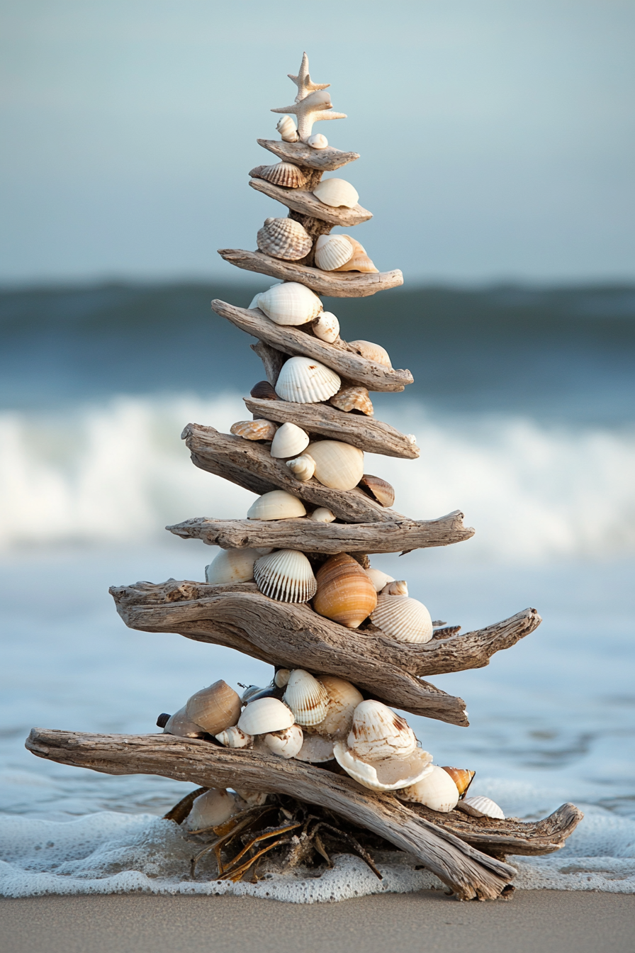 Holiday décor. Driftwood tree with shell ornaments, facing winter beach waves.