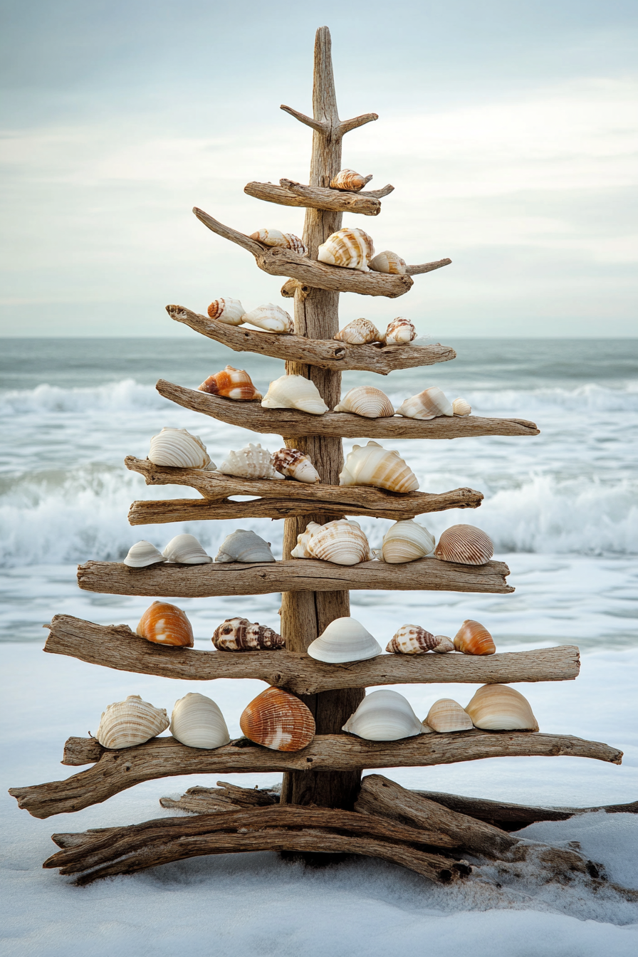 Holiday décor. Driftwood tree with shell ornaments against winter beach waves.