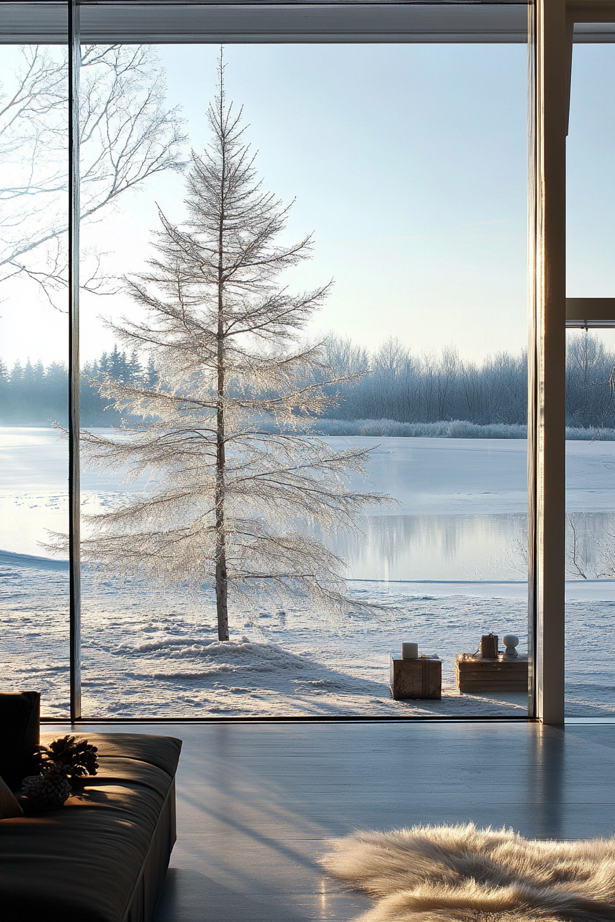 Retro-styled holiday interior. Aluminum tree near frosted window overlooking a frozen lake.