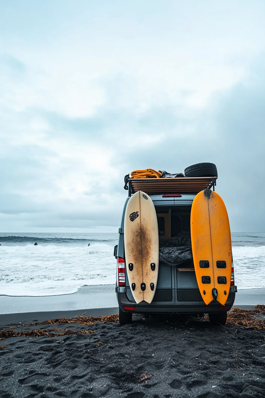 Wide angle view. Surfboard rack-adorned van with outdoor shower on black sand beach.