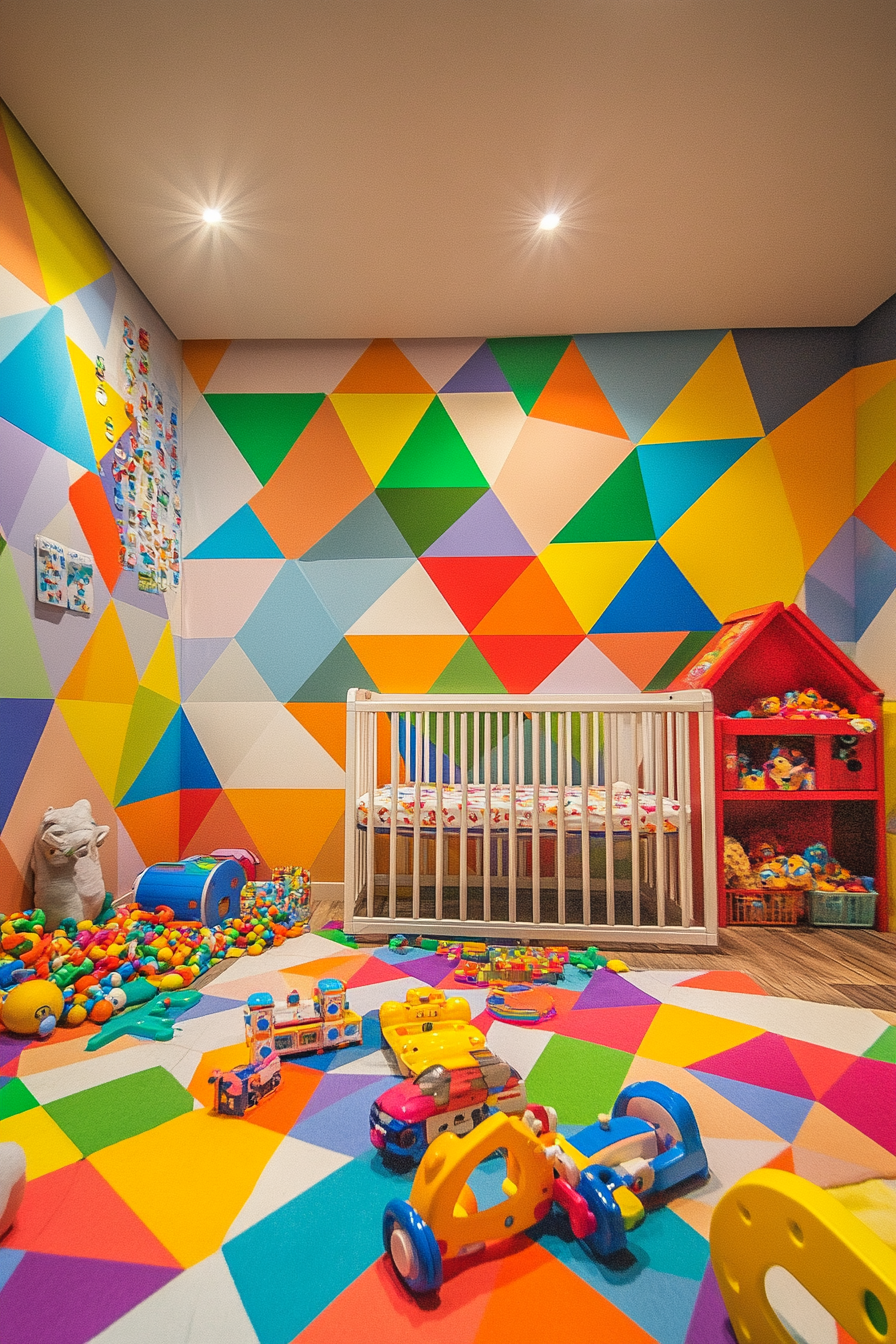 Wide angle view of a vibrant baby room with multicolored geometric walls and toy-strewn floor.