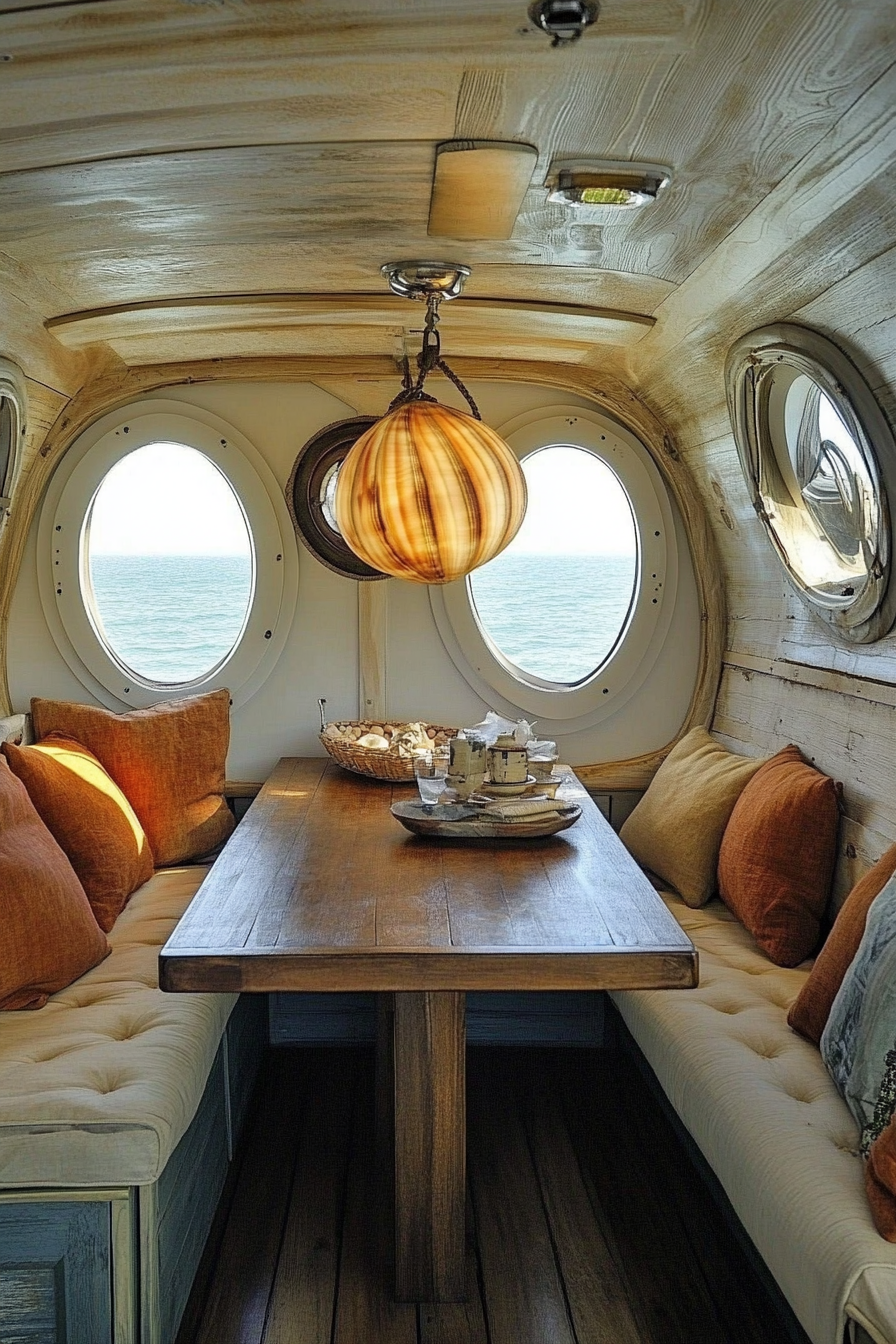 Van dining area. Fold-out table, porthole windows, shell chandelier.