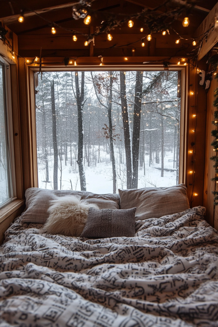 Wide angle view. Flannel bedding, string lights, snow-laden winter landscape outside.