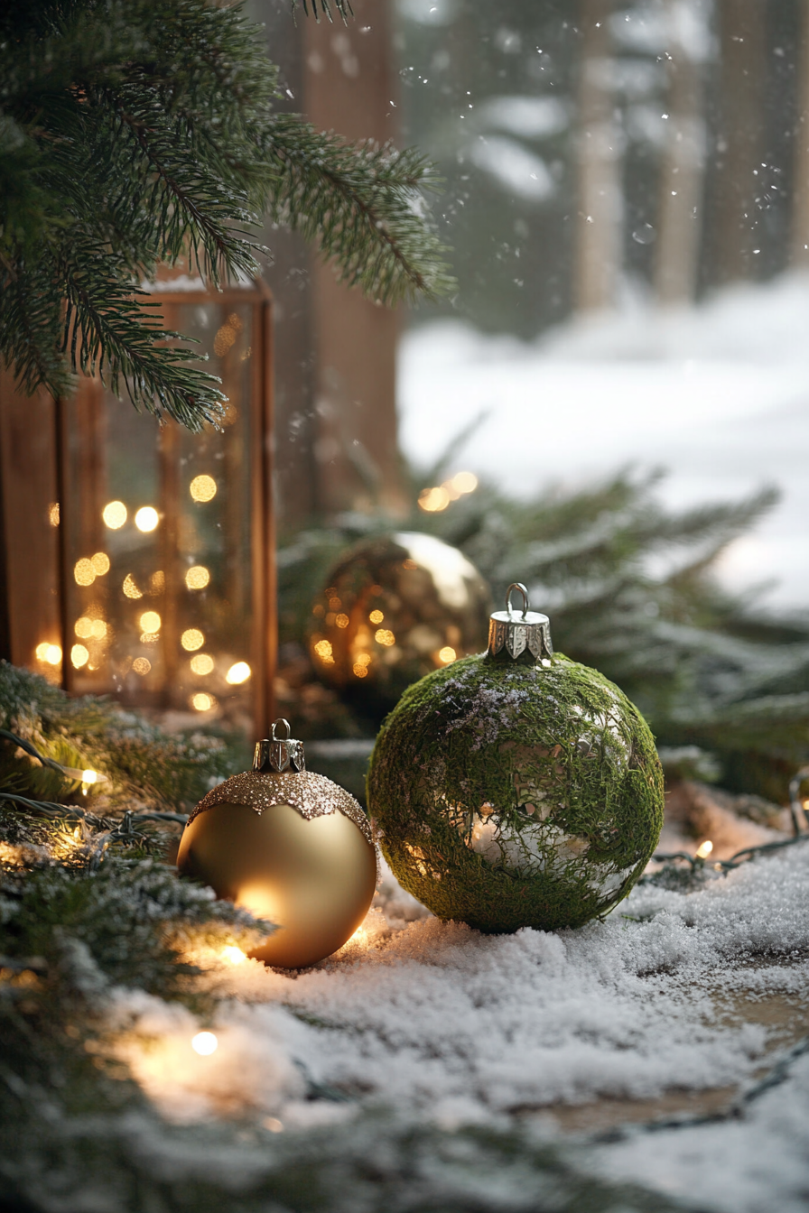 Wide angle holiday setup. Moss-covered ornaments, snow-kissed pines, fairy-lights detail.