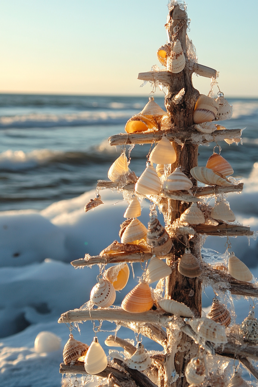 Holiday decor. Driftwood tree strung with seashell ornaments overlooking icy churn of winter beach.