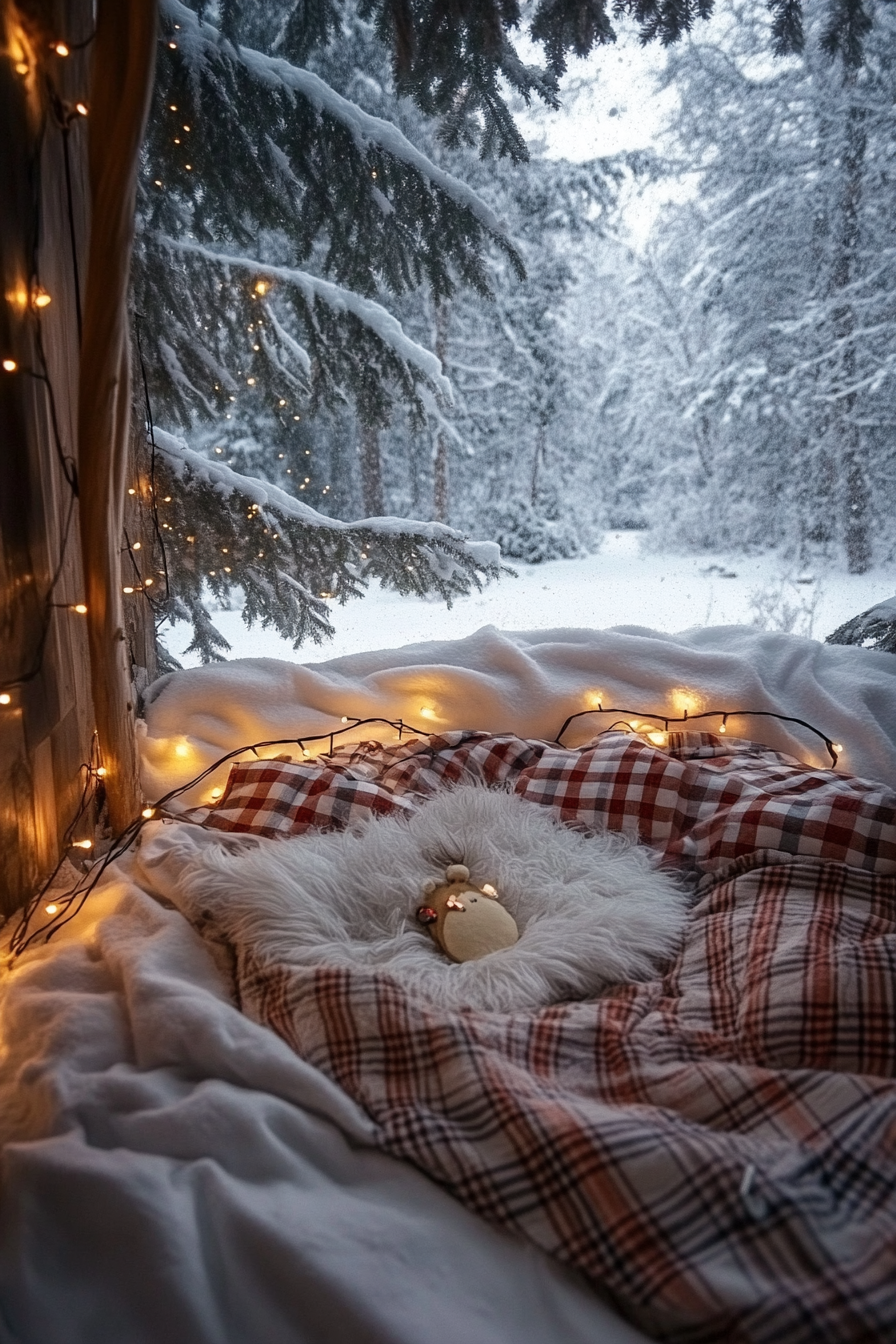 Wide angle view, festive sleeping noek, flannel bedding, string lights, frame winter wonderland outside.