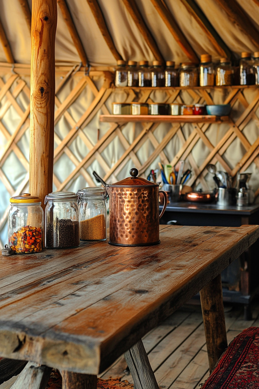 Alpine-style yurt kitchen. Polished wood table, standing copper coffee pot, spice jars against wall.