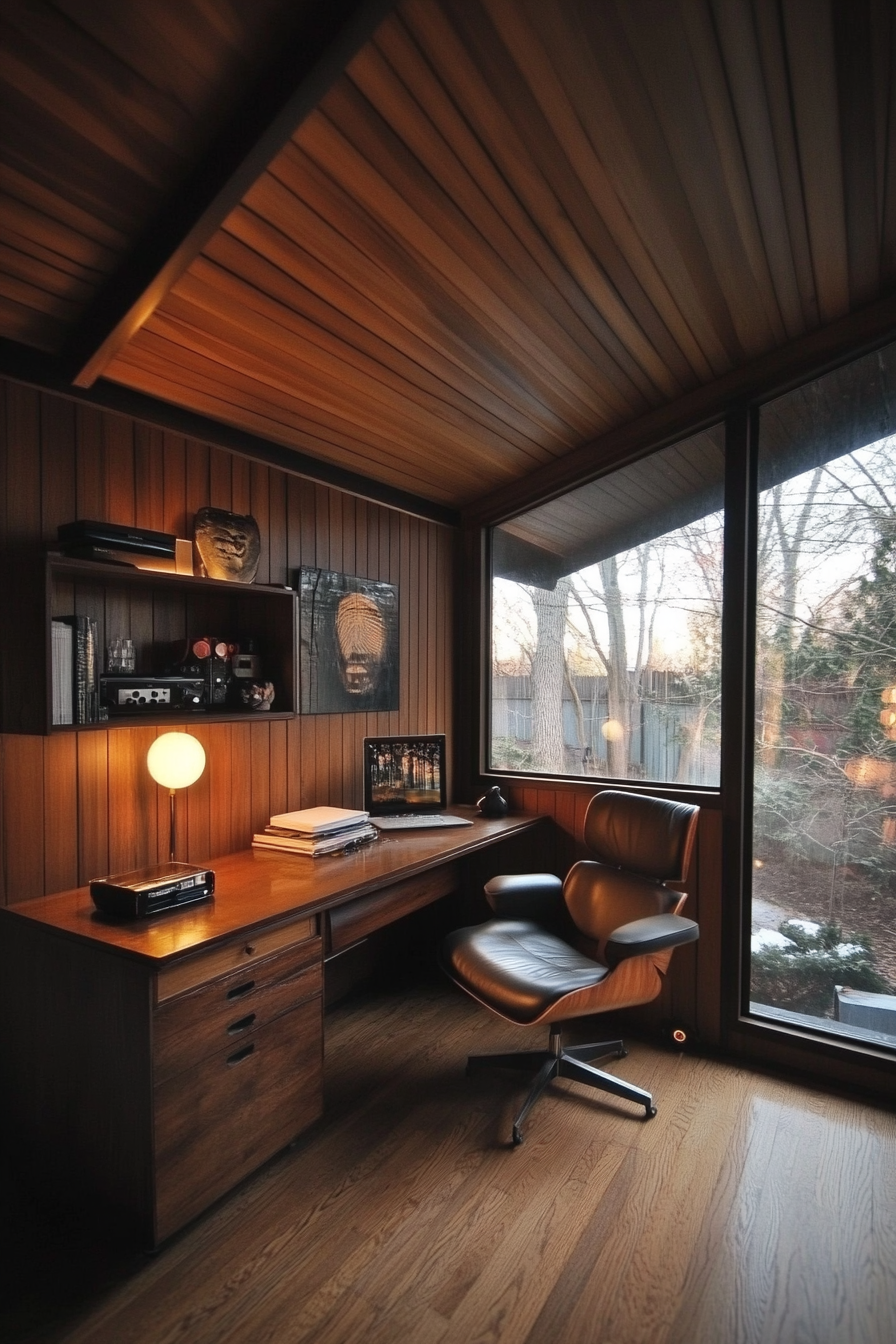 Wide angle view. Mobile workspace, walnut paneling, Eames chair, dramatic lighting.