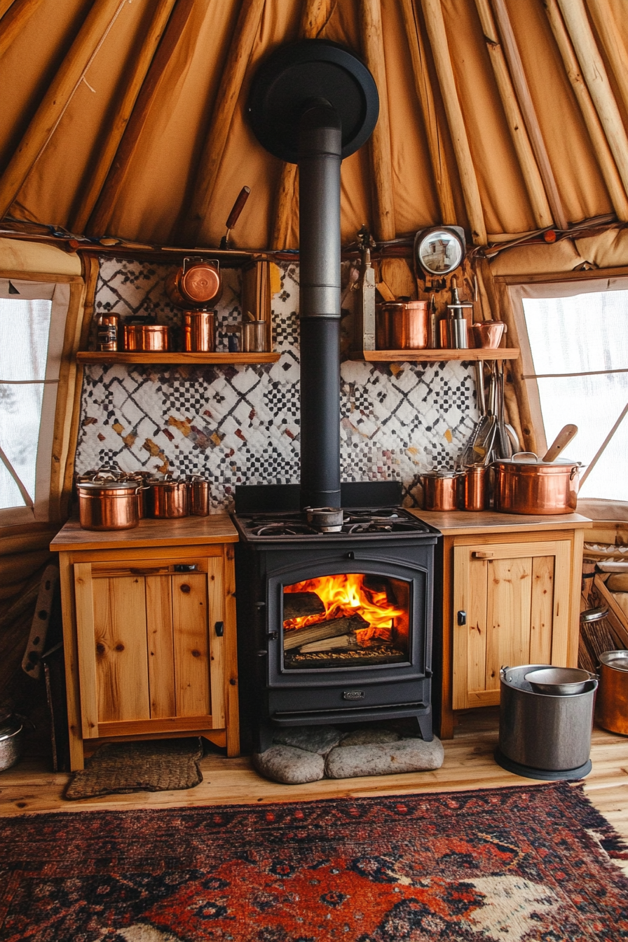 Alpine-Style Yurt Kitchen. Wood Stove under knotty pine ceiling, surrounded by copper pots.