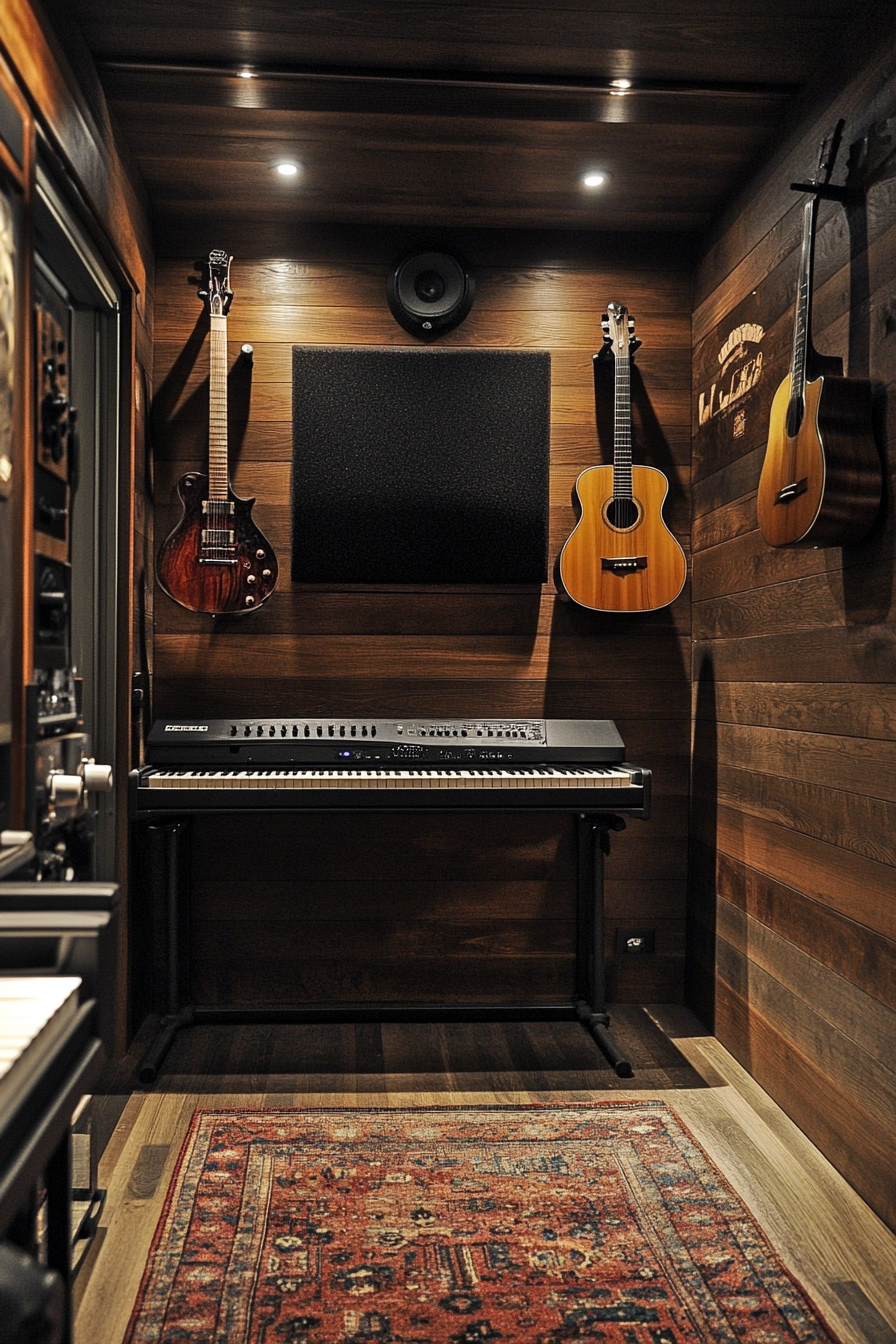 Tiny music room. Mahogany walls, keyboard mount, wall hangers for guitars, sound absorbing foam.