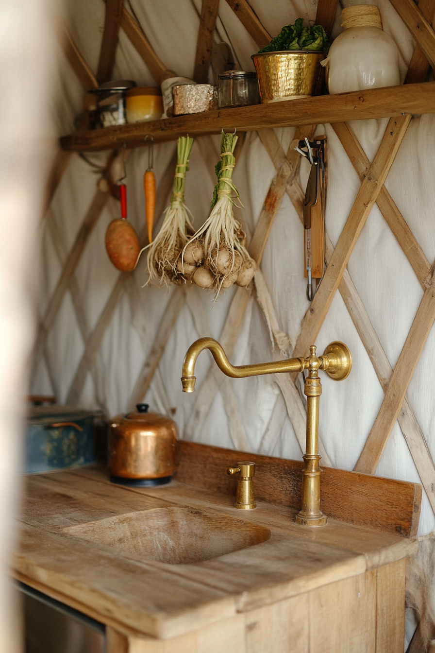 Alpine-style yurt kitchen. Brass faucet, wood cutting planks, hanging root vegetables.