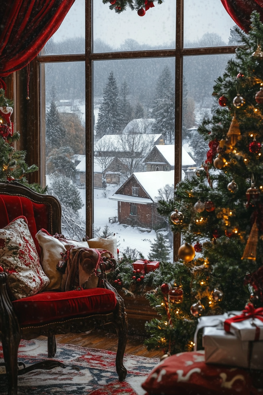 Elegant Christmas interior. Vintage ornaments, velvet ribbons, view of snow-covered village.