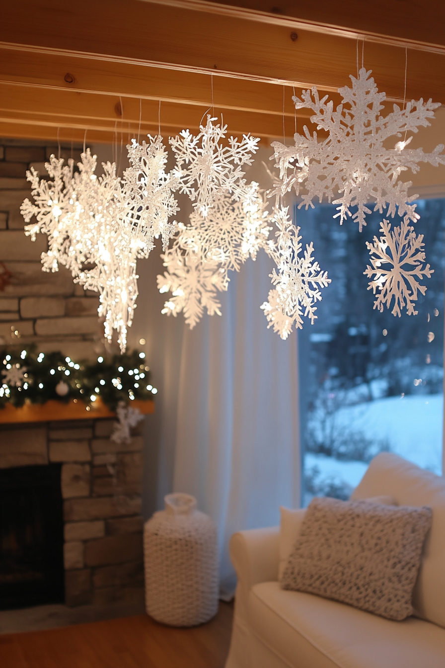 Modern Christmas decor. Frosted valley overlook, paper snowflakes, wide-angle pageantry in white lights.