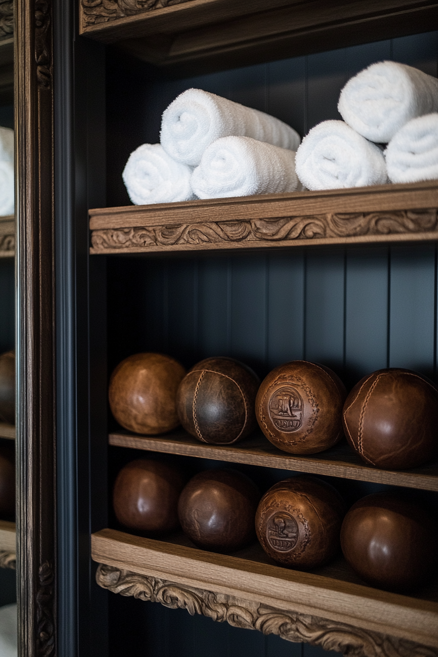 Contemporary tiny gym. Leather medicine balls on carved wooden shelf against mirror wall.