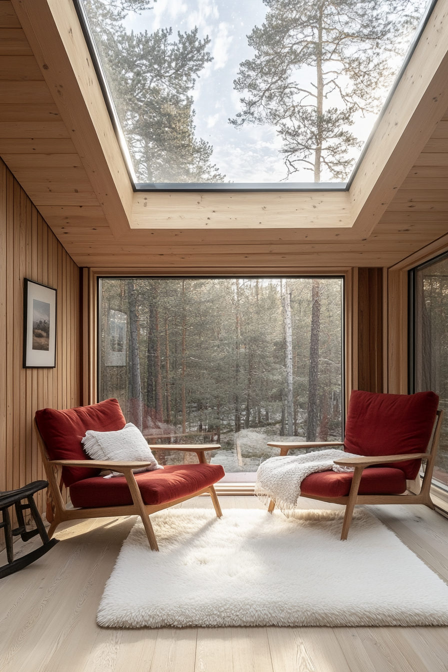 Scandinavian-inspired space. Red cushioned chairs, white wool rug, a skylight showcasing northern lights.