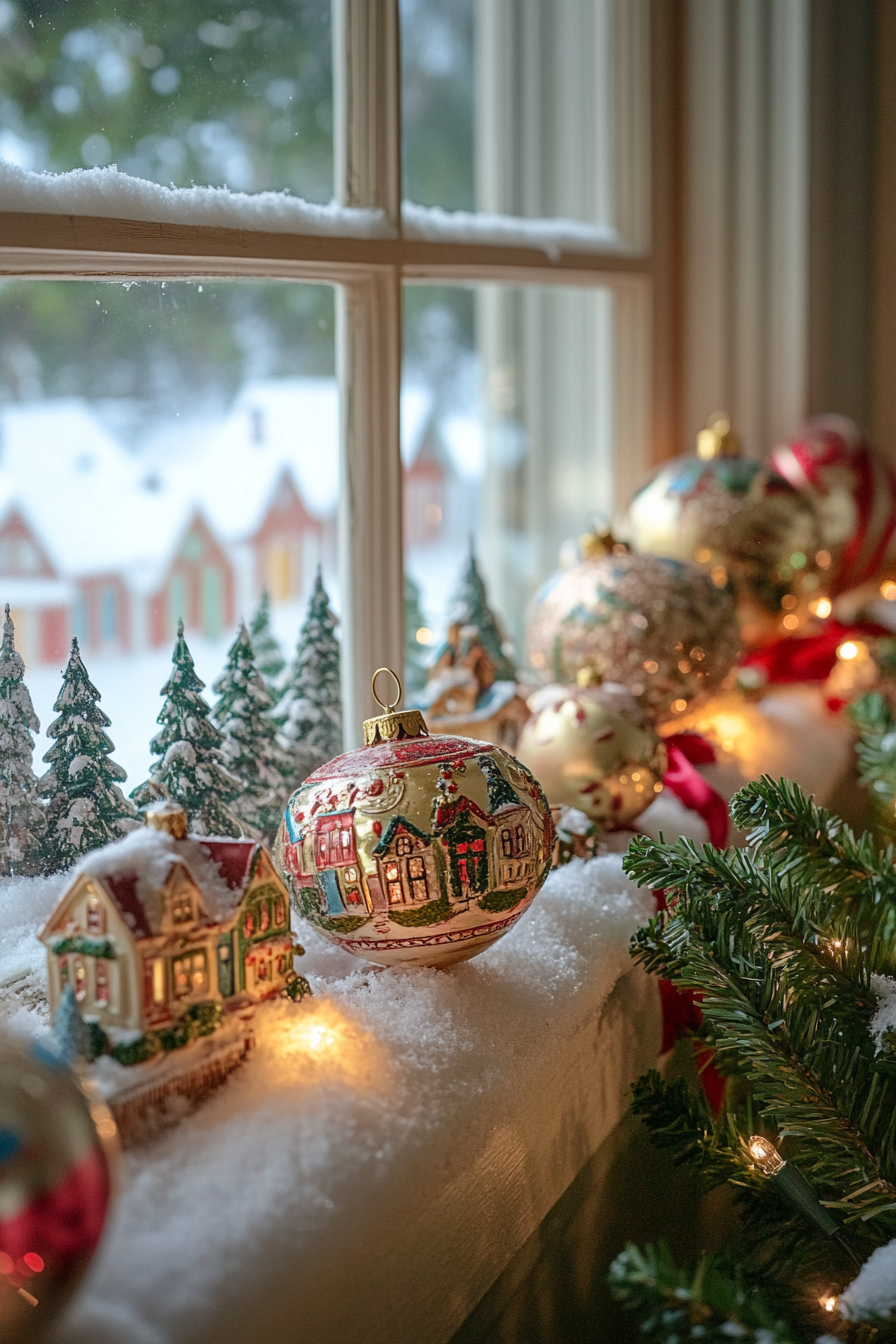 Wide angle Christmas interior. Vintage ornaments, velvet ribbons, and snow-covered village view.