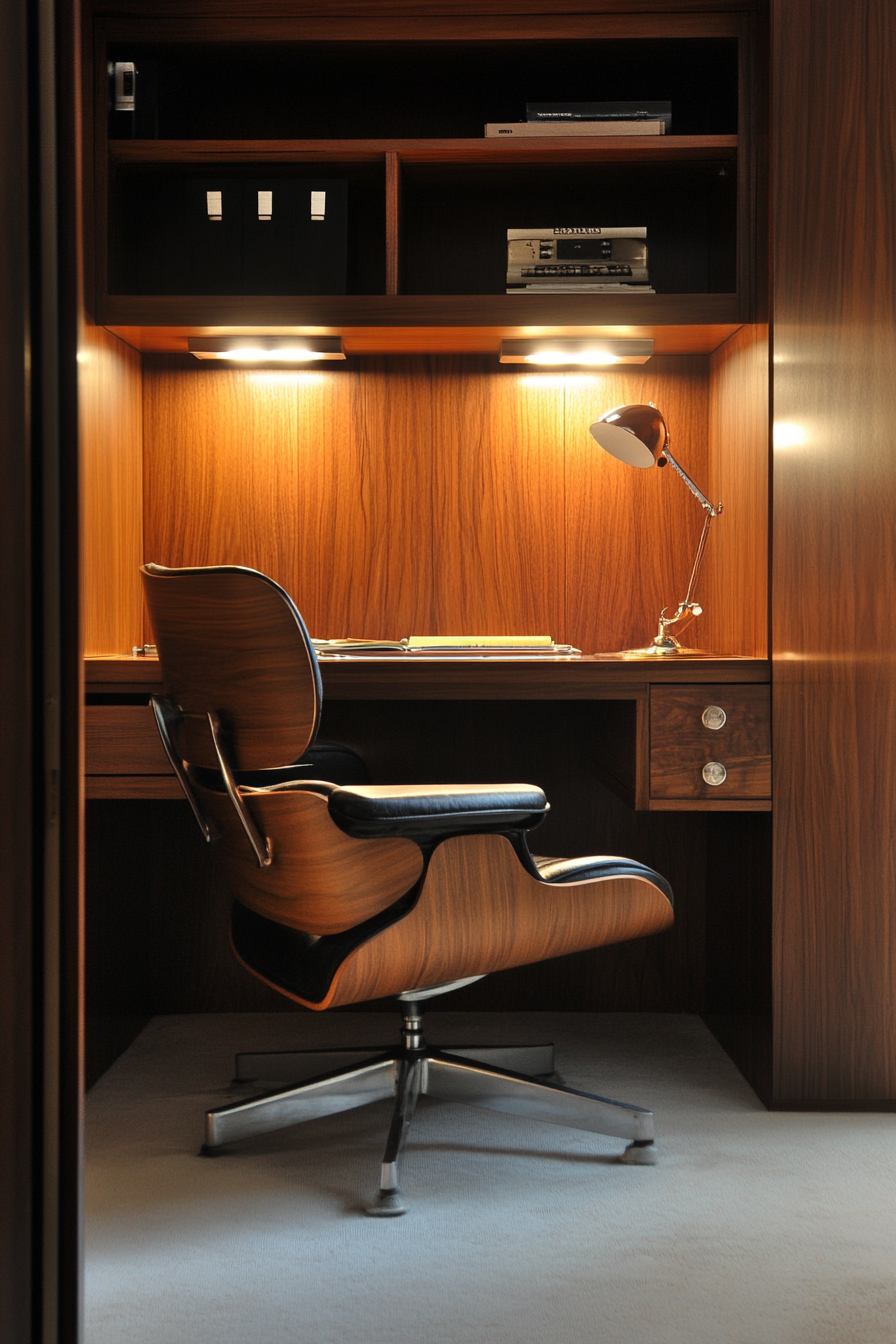 Mobile workspace. Walnut paneling, vintage Eames chair, lit dramatically from the right side.