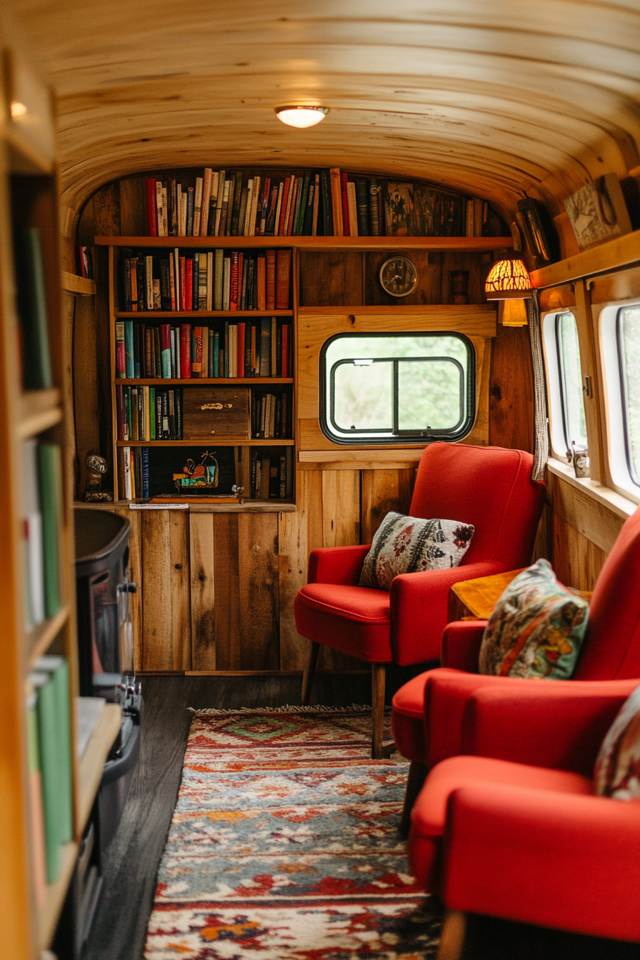 Woodland-style Van Lounge. Fading pine paneling, rich oak bookshelf, pair of red camp chairs.