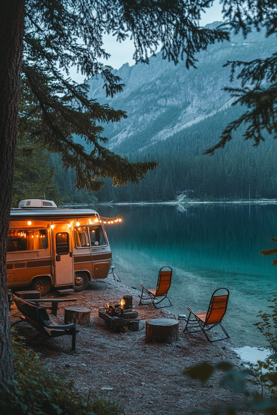 Wide angle view. Retro-styled RV with metal gliders and string lights, beside clear mountain lake.