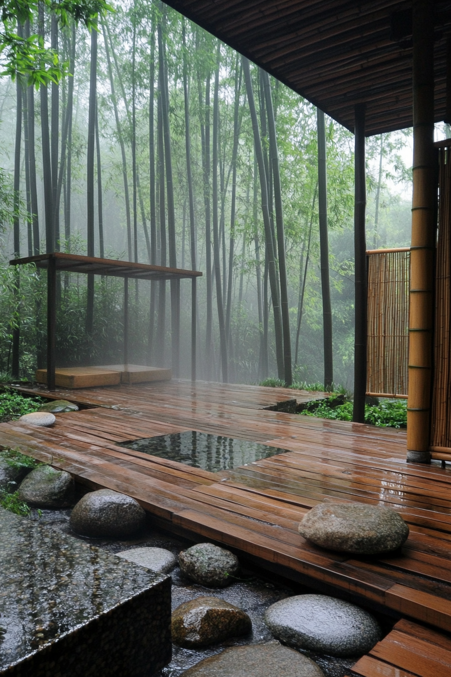 Minimalist tiny house deck, wide angle. Bamboo screens, rock garden, amidst misty bamboo forest.