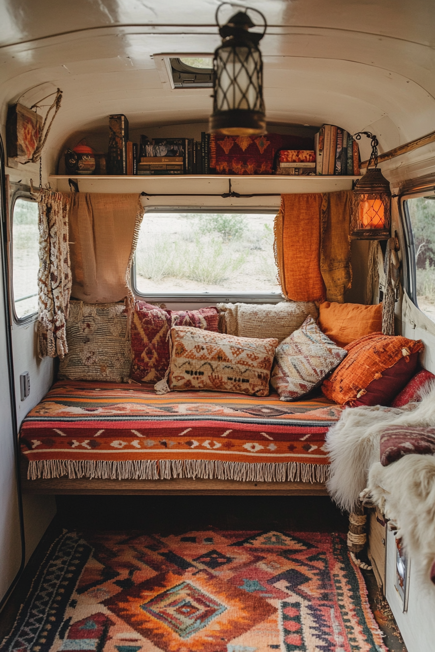 Desert-Boho Camper Reading Corner. Antique shelves, earth-toned throw pillows, southwestern rug, hanging lanterns.