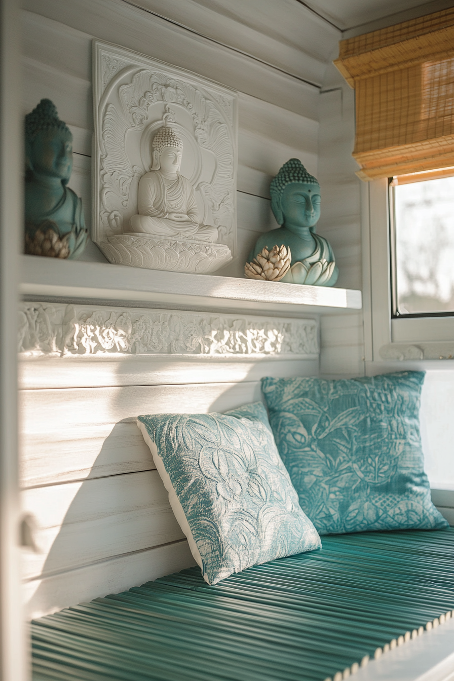 Zen-style van meditation room. Ghost white prayer shelf hanging over a Pale teal bamboo mat.