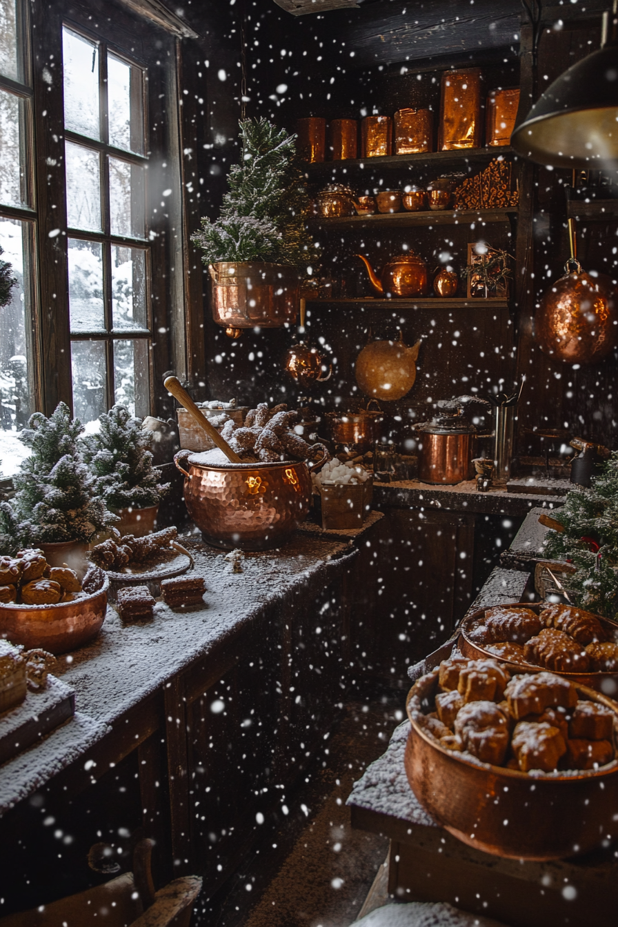 Wide angle view. Gingerbread-making, copper pots, cinnamon bundles, snow falling.