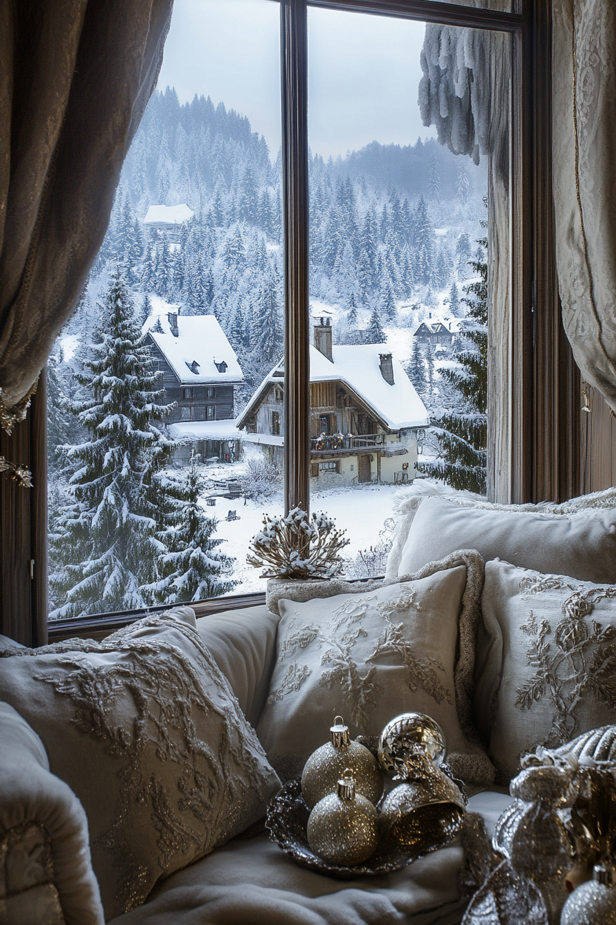 Elegant Christmas interior. Vintage ornaments, velvet ribbons, snow-covered village view in wide angle.