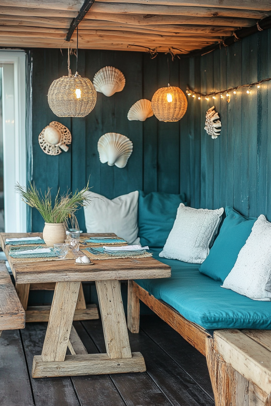 Van dining area. Teal cushions, driftwood fold-out table, shell string lights.