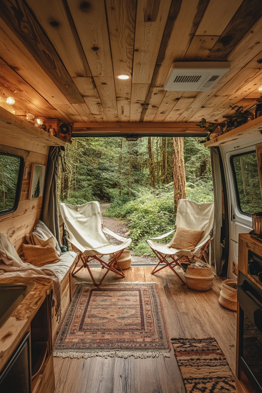 Van Lounge. Pine-panelled walls, floor-to-ceiling window with forest views, collapsible camp chairs.