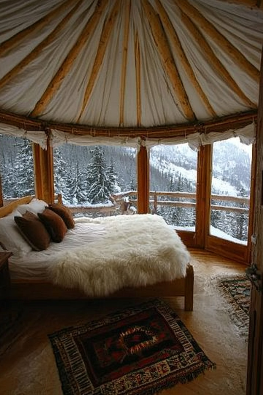 Alpine-view yurt bedroom. Panoramic windows, rustic wooden bedframe, white fur throws.